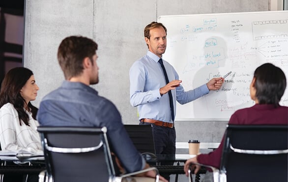 Business professional leading presentation with team in office, explaining charts on whiteboard