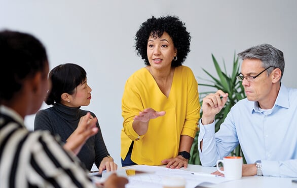 New manager facilitating team meeting while discussing goals and performance expectations.